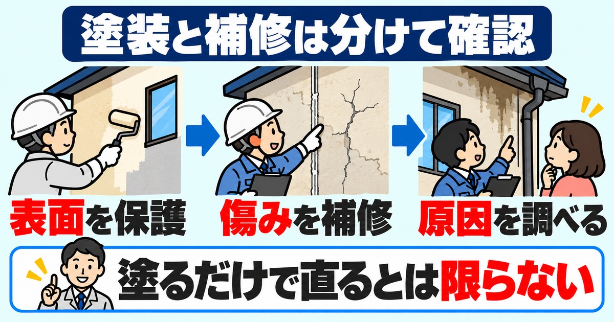 塗装で表面を保護する工事と、傷みの補修や雨漏りの原因調査を分けて確認