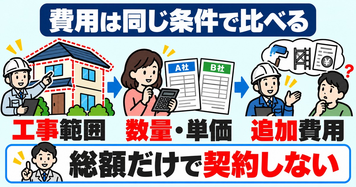 見積もりの工事範囲、数量・単価、追加費用を同じ条件で比べる