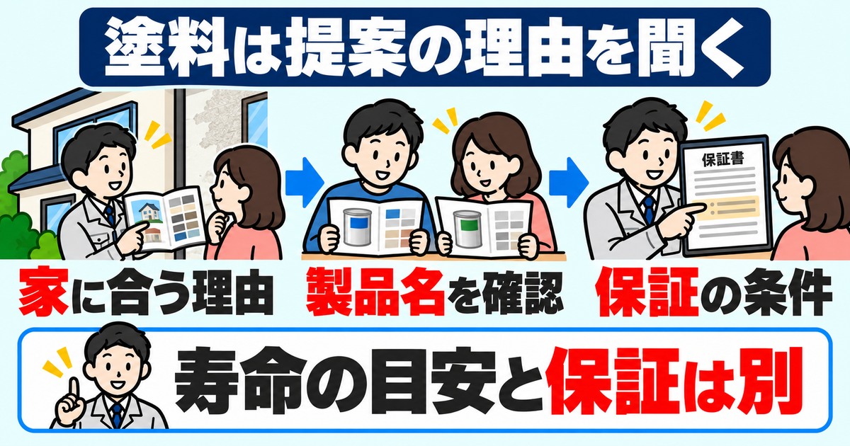 塗料を提案する理由、製品名、保証の条件を確認し、寿命の目安と保証を区別