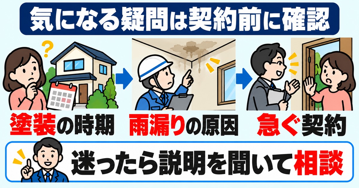 塗装時期や雨漏りの原因、契約を急ぐ勧誘の疑問は契約前に相談