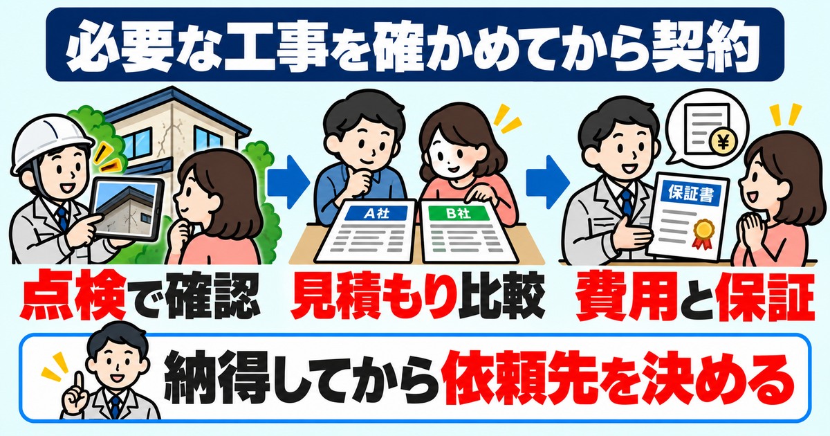 点検、見積もり比較、費用と保証の確認を行い、納得してから工事を依頼