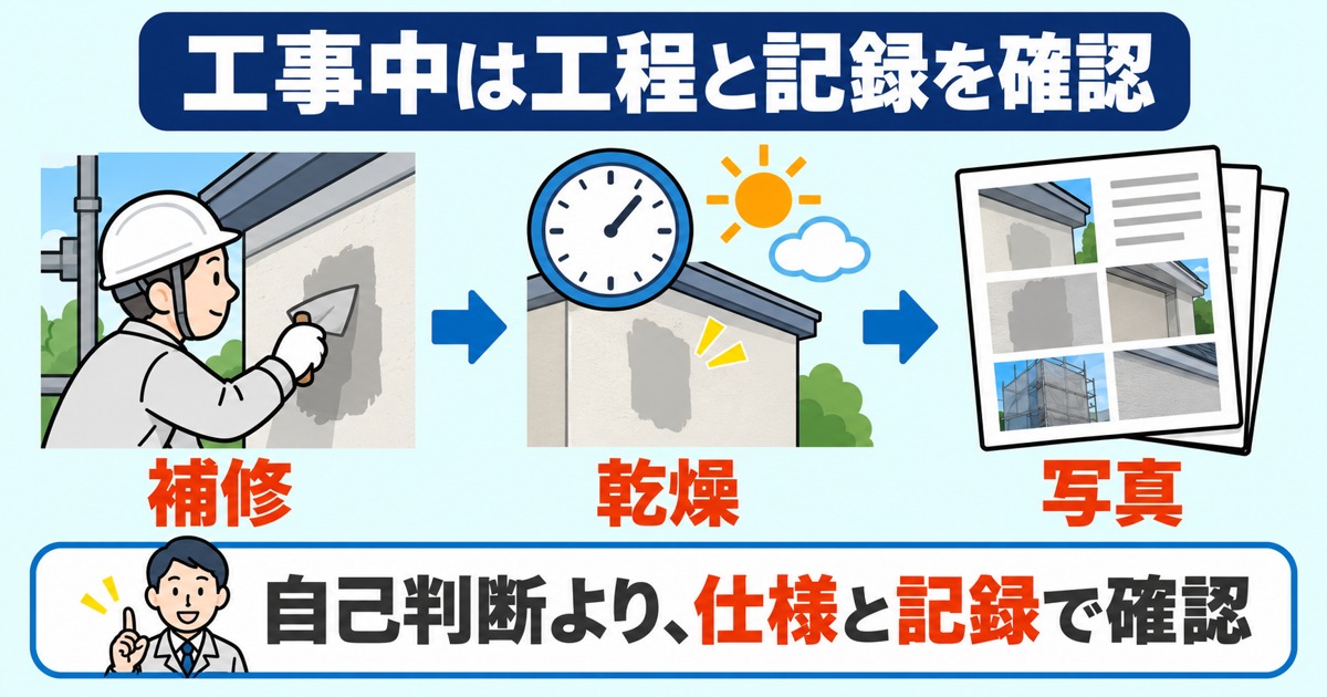 工事中は補修・乾燥・写真記録を製品の仕様と照合