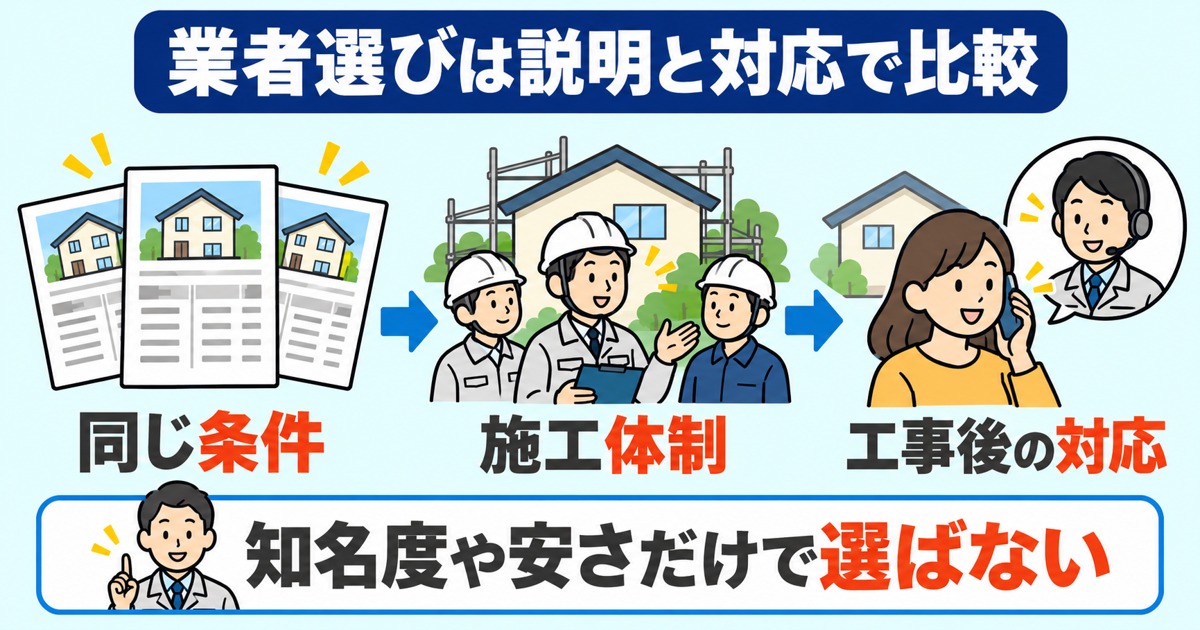 同じ条件・施工体制・工事後の対応で業者を比較