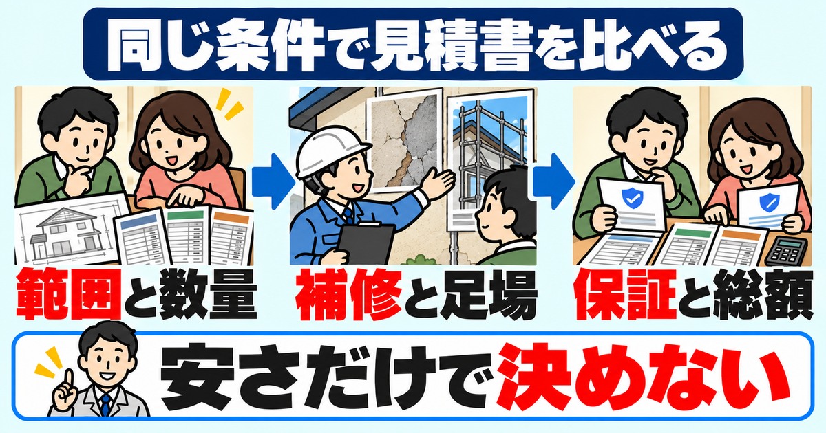 同じ工事範囲と数量で補修や足場や保証や総額を比較する